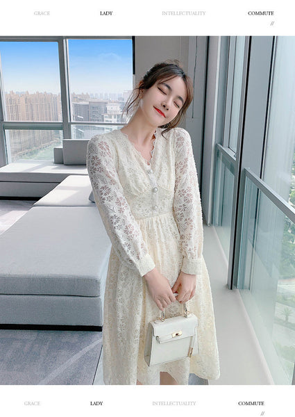 Long Sleeved Elegant Women Waist Fairy Lace Long A Line Skirt Dress