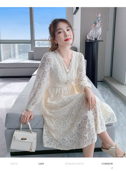 Long Sleeved Elegant Women Waist Fairy Lace Long A Line Skirt Dress