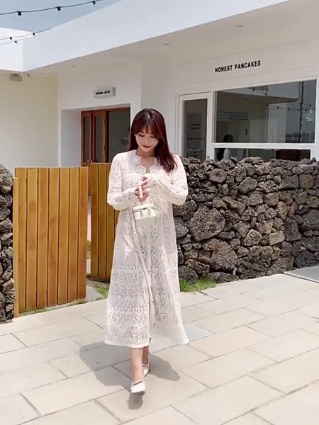 Large Extra Size Sweet Women Temperament Lace Hollow Buttons Dress