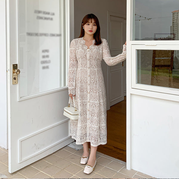 Large Extra Size Sweet Women Temperament Lace Hollow Buttons Dress