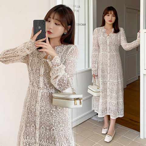 Large Extra Size Sweet Women Temperament Lace Hollow Buttons Dress
