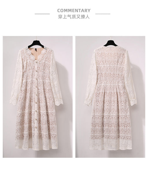 Large Extra Size Sweet Women Temperament Lace Hollow Buttons Dress