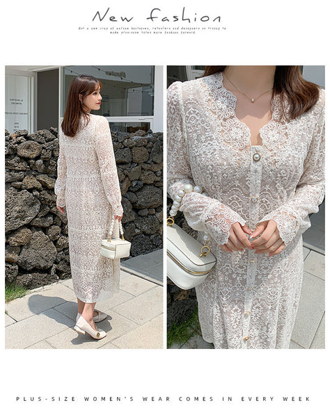 Large Extra Size Sweet Women Temperament Lace Hollow Buttons Dress