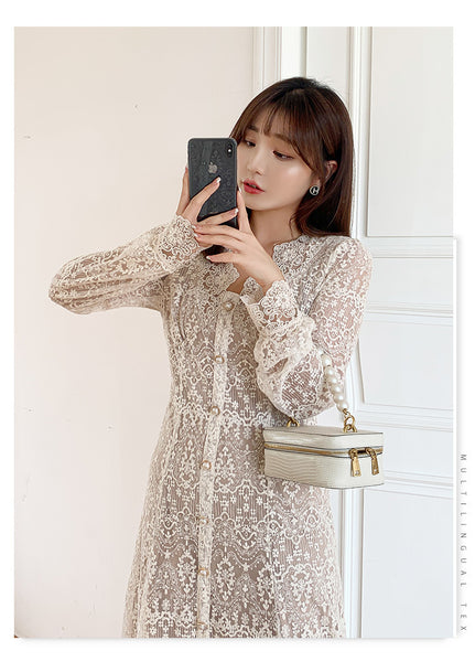 Large Extra Size Sweet Women Temperament Lace Hollow Buttons Dress