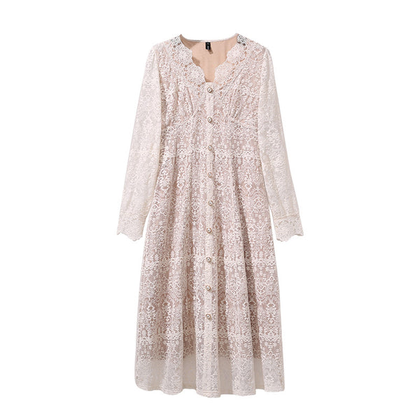 Large Extra Size Sweet Women Temperament Lace Hollow Buttons Dress