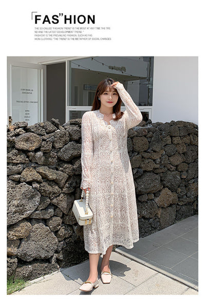 Large Extra Size Sweet Women Temperament Lace Hollow Buttons Dress