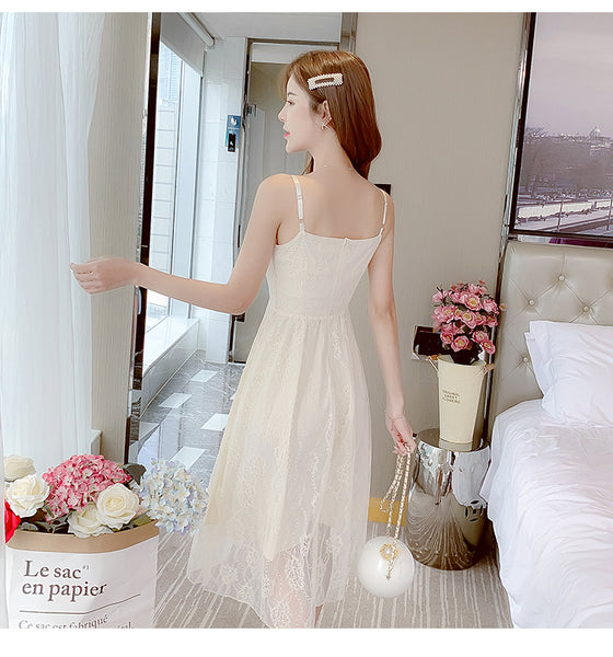 Retro Square Neck Sling Strap Skirt Sweet Lace Lovely Fairy Bell Flower Princess Dress