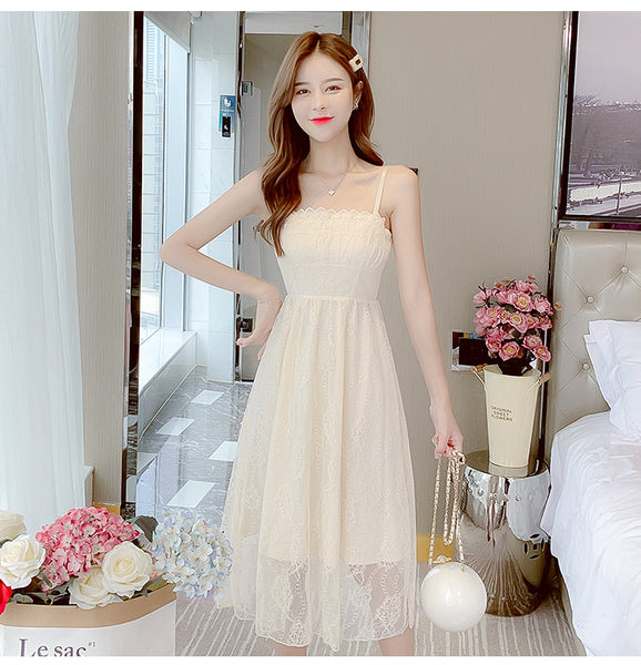 Retro Square Neck Sling Strap Skirt Sweet Lace Lovely Fairy Bell Flower Princess Dress