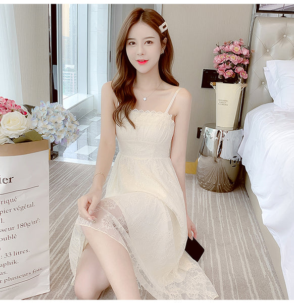 Retro Square Neck Sling Strap Skirt Sweet Lace Lovely Fairy Bell Flower Princess Dress