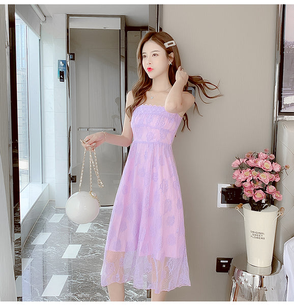 Retro Square Neck Sling Strap Skirt Sweet Lace Lovely Fairy Bell Flower Princess Dress