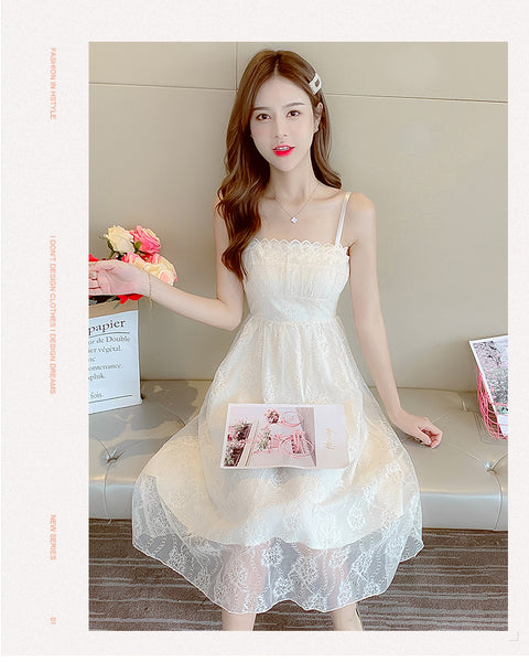 Retro Square Neck Sling Strap Skirt Sweet Lace Lovely Fairy Bell Flower Princess Dress