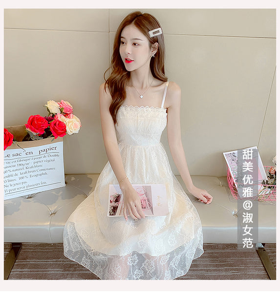 Retro Square Neck Sling Strap Skirt Sweet Lace Lovely Fairy Bell Flower Princess Dress