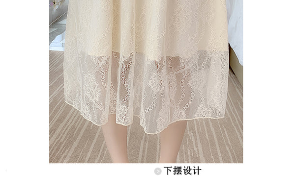 Retro Square Neck Sling Strap Skirt Sweet Lace Lovely Fairy Bell Flower Princess Dress