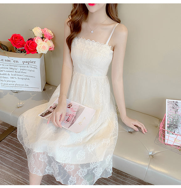 Retro Square Neck Sling Strap Skirt Sweet Lace Lovely Fairy Bell Flower Princess Dress