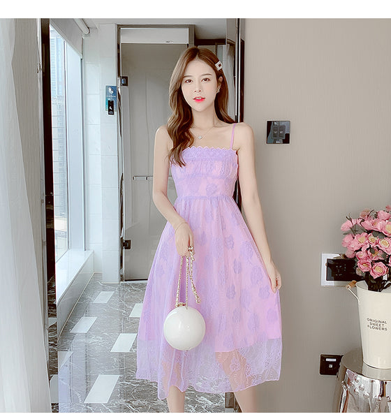 Retro Square Neck Sling Strap Skirt Sweet Lace Lovely Fairy Bell Flower Princess Dress