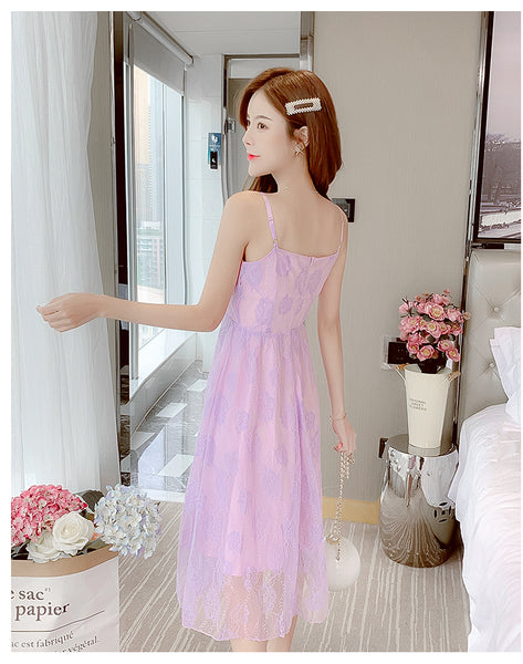 Retro Square Neck Sling Strap Skirt Sweet Lace Lovely Fairy Bell Flower Princess Dress