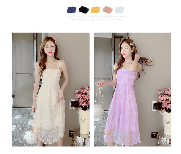 Retro Square Neck Sling Strap Skirt Sweet Lace Lovely Fairy Bell Flower Princess Dress