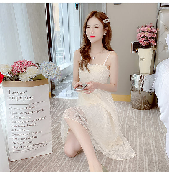 Retro Square Neck Sling Strap Skirt Sweet Lace Lovely Fairy Bell Flower Princess Dress