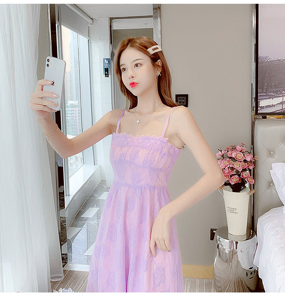 Retro Square Neck Sling Strap Skirt Sweet Lace Lovely Fairy Bell Flower Princess Dress