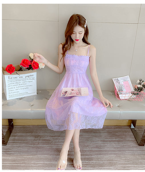 Retro Square Neck Sling Strap Skirt Sweet Lace Lovely Fairy Bell Flower Princess Dress