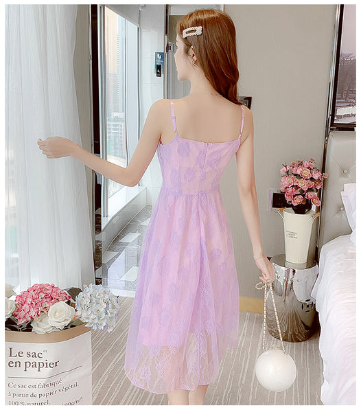 Retro Square Neck Sling Strap Skirt Sweet Lace Lovely Fairy Bell Flower Princess Dress