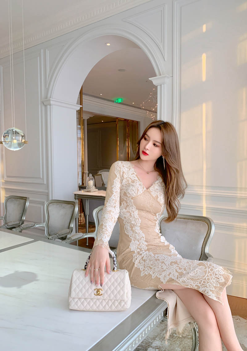 Lace Retro Temperament Floral Printed Fairy Waist Long Skirt V Neck Dress