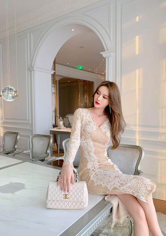 Lace Retro Temperament Floral Printed Fairy Waist Long Skirt V Neck Dress