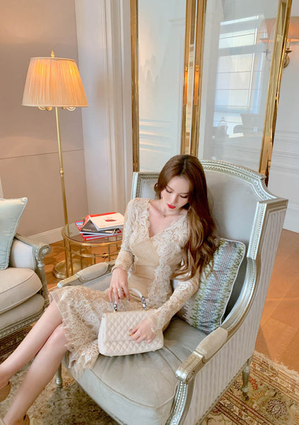 Lace Retro Temperament Floral Printed Fairy Waist Long Skirt V Neck Dress