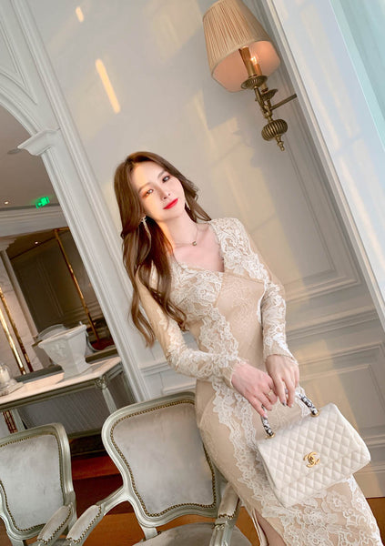 Lace Retro Temperament Floral Printed Fairy Waist Long Skirt V Neck Dress