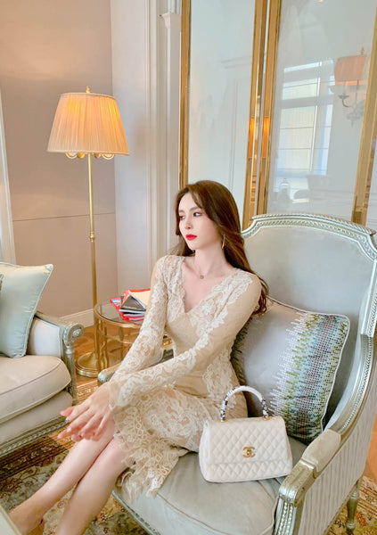 Lace Retro Temperament Floral Printed Fairy Waist Long Skirt V Neck Dress