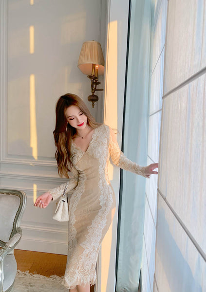 Lace Retro Temperament Floral Printed Fairy Waist Long Skirt V Neck Dress