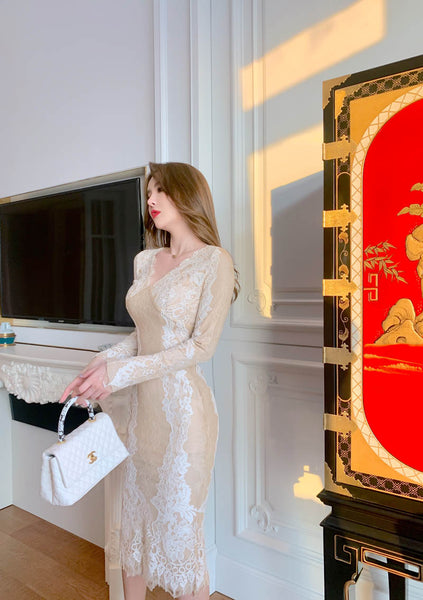 Lace Retro Temperament Floral Printed Fairy Waist Long Skirt V Neck Dress