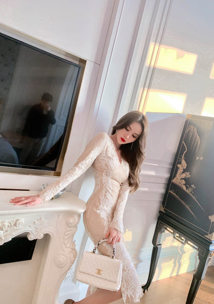 Lace Retro Temperament Floral Printed Fairy Waist Long Skirt V Neck Dress