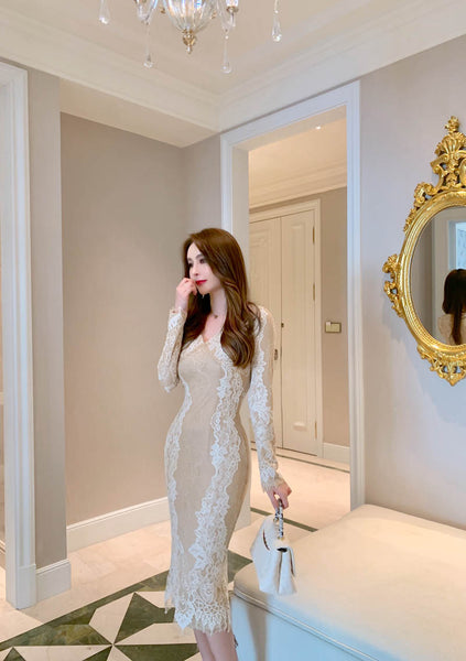 Lace Retro Temperament Floral Printed Fairy Waist Long Skirt V Neck Dress