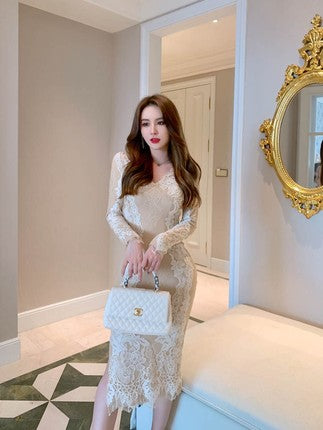 Lace Retro Temperament Floral Printed Fairy Waist Long Skirt V Neck Dress