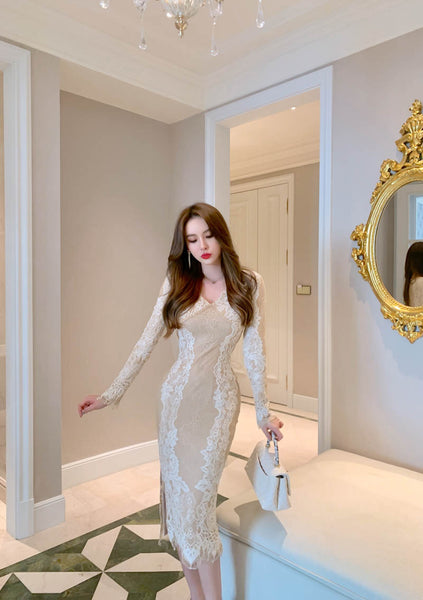 Lace Retro Temperament Floral Printed Fairy Waist Long Skirt V Neck Dress