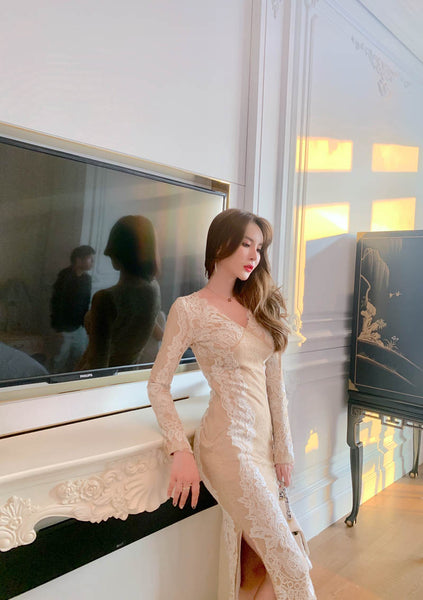 Lace Retro Temperament Floral Printed Fairy Waist Long Skirt V Neck Dress