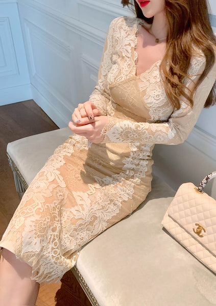 Lace Retro Temperament Floral Printed Fairy Waist Long Skirt V Neck Dress