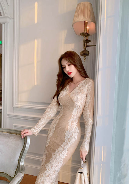 Lace Retro Temperament Floral Printed Fairy Waist Long Skirt V Neck Dress