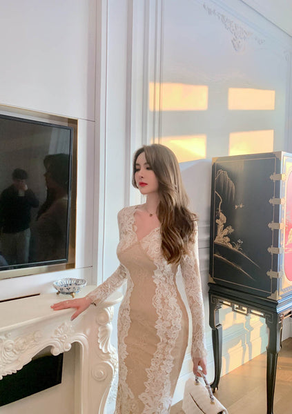 Lace Retro Temperament Floral Printed Fairy Waist Long Skirt V Neck Dress