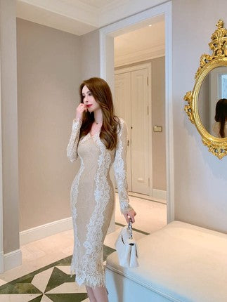 Lace Retro Temperament Floral Printed Fairy Waist Long Skirt V Neck Dress