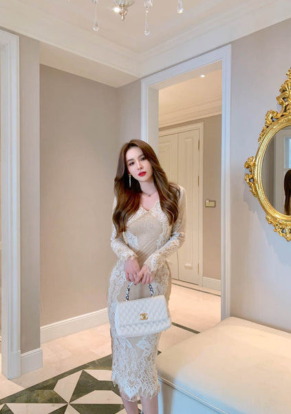 Lace Retro Temperament Floral Printed Fairy Waist Long Skirt V Neck Dress