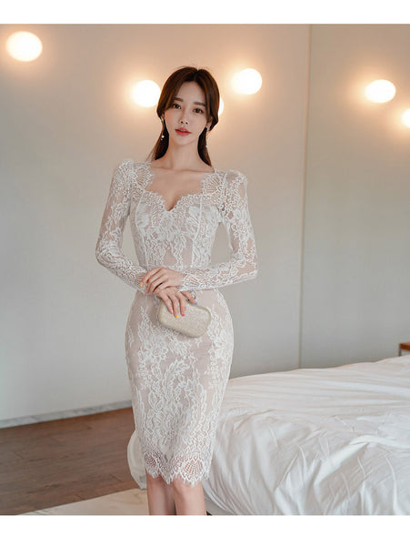 Spring Temperament V Neck Slim Mid Length See Through Lace Hips Bottom Pencil Dress