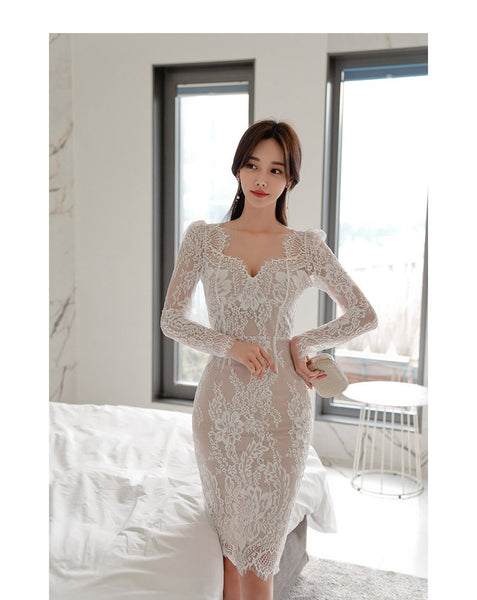 Spring Temperament V Neck Slim Mid Length See Through Lace Hips Bottom Pencil Dress