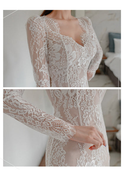 Spring Temperament V Neck Slim Mid Length See Through Lace Hips Bottom Pencil Dress