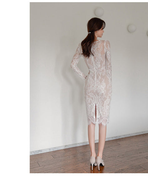 Spring Temperament V Neck Slim Mid Length See Through Lace Hips Bottom Pencil Dress