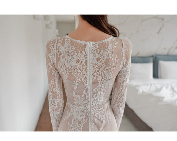 Spring Temperament V Neck Slim Mid Length See Through Lace Hips Bottom Pencil Dress