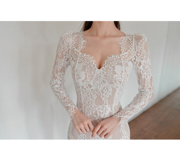 Spring Temperament V Neck Slim Mid Length See Through Lace Hips Bottom Pencil Dress