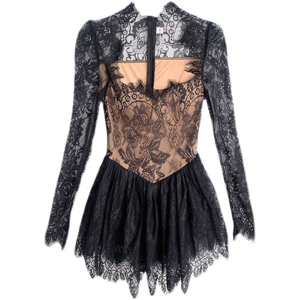 Spring Ladies Lace Long Sleeved Women Square Collar Waist A-line One Piece Skirt