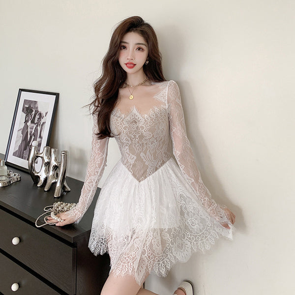 Spring Ladies Lace Long Sleeved Women Square Collar Waist A-line One Piece Skirt